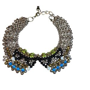 Anthropologie Pam Hiran Sparked Agate Beaded Bib Collar Necklace Silver